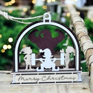 3/$20 Wooden Ornament – Santa Weightlifting with Elves – Gym / Fitness Theme